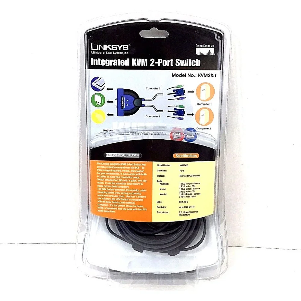 Linksys Integrated KVM 2 Port Switch KVM2KIT Built In Cables Control 2 PC Cisco